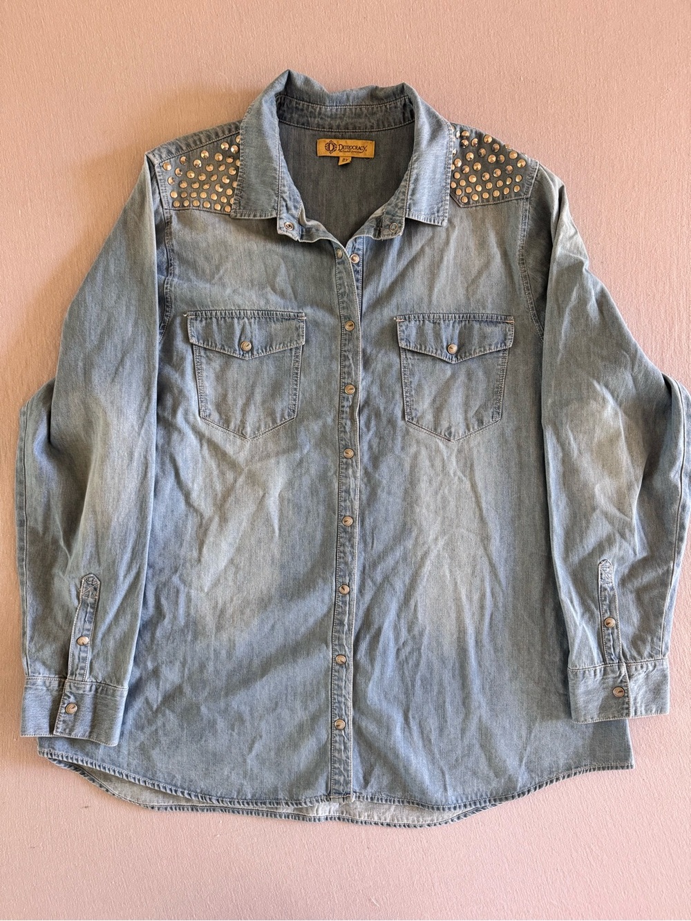 Democracy Light Blue Denim Button-Down Shirt with Studded Shoulders